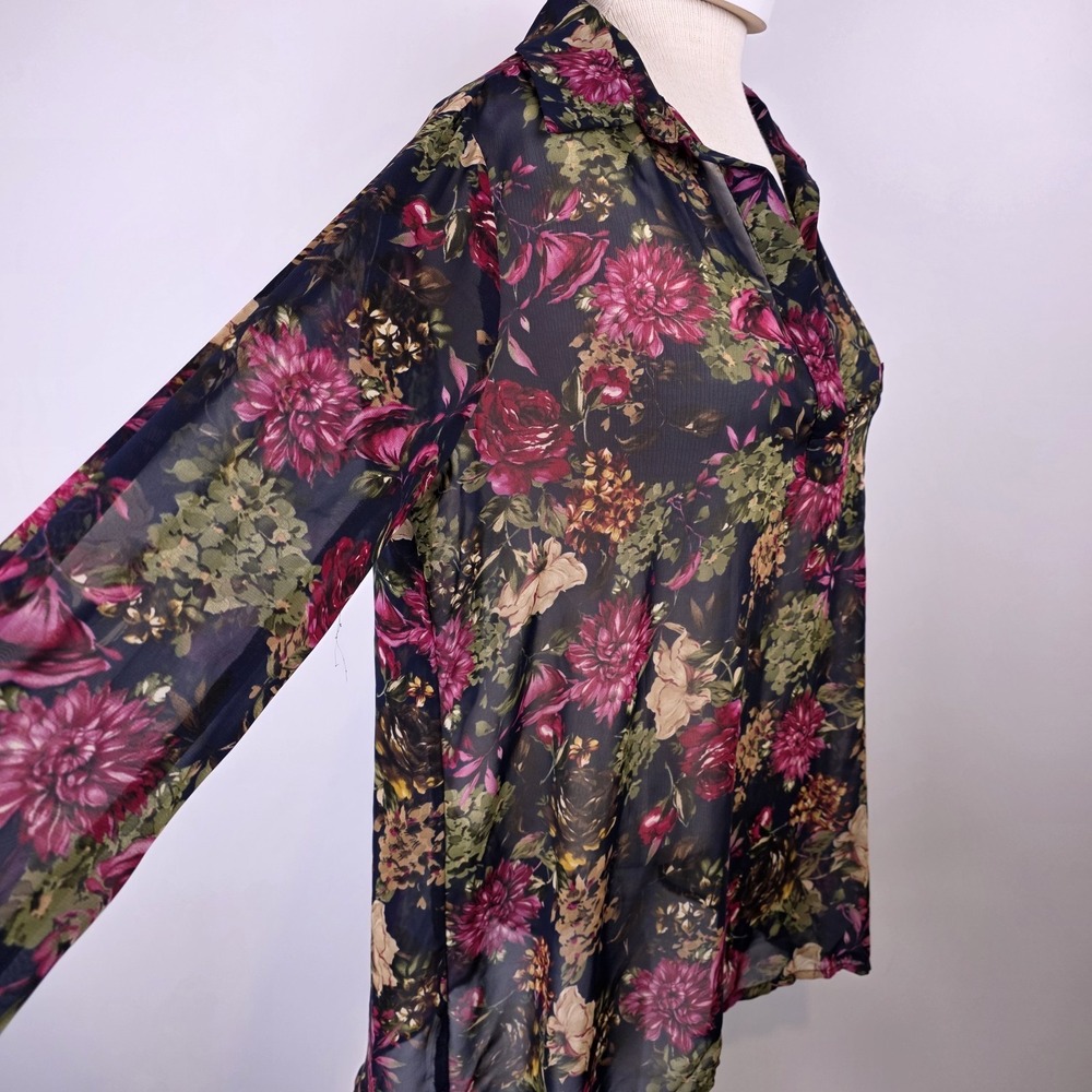 Pleione Women's Popover Blouse Top M Floral Long Sleeve Collar Sheer Romantic - Picture 4 of 11